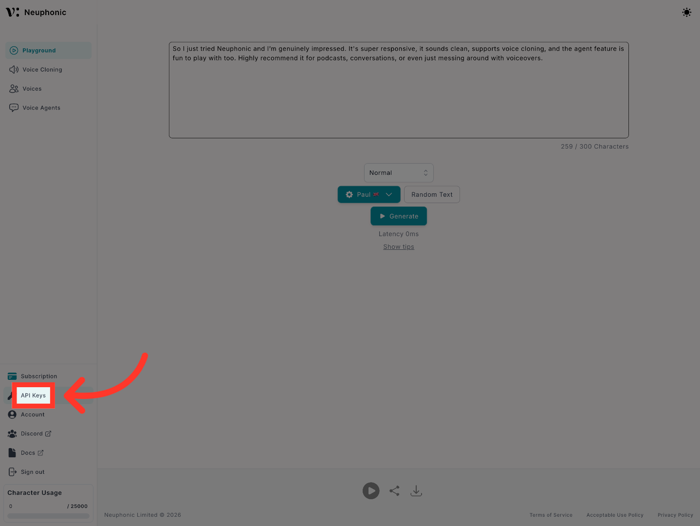 Access Neuphonic API Keys