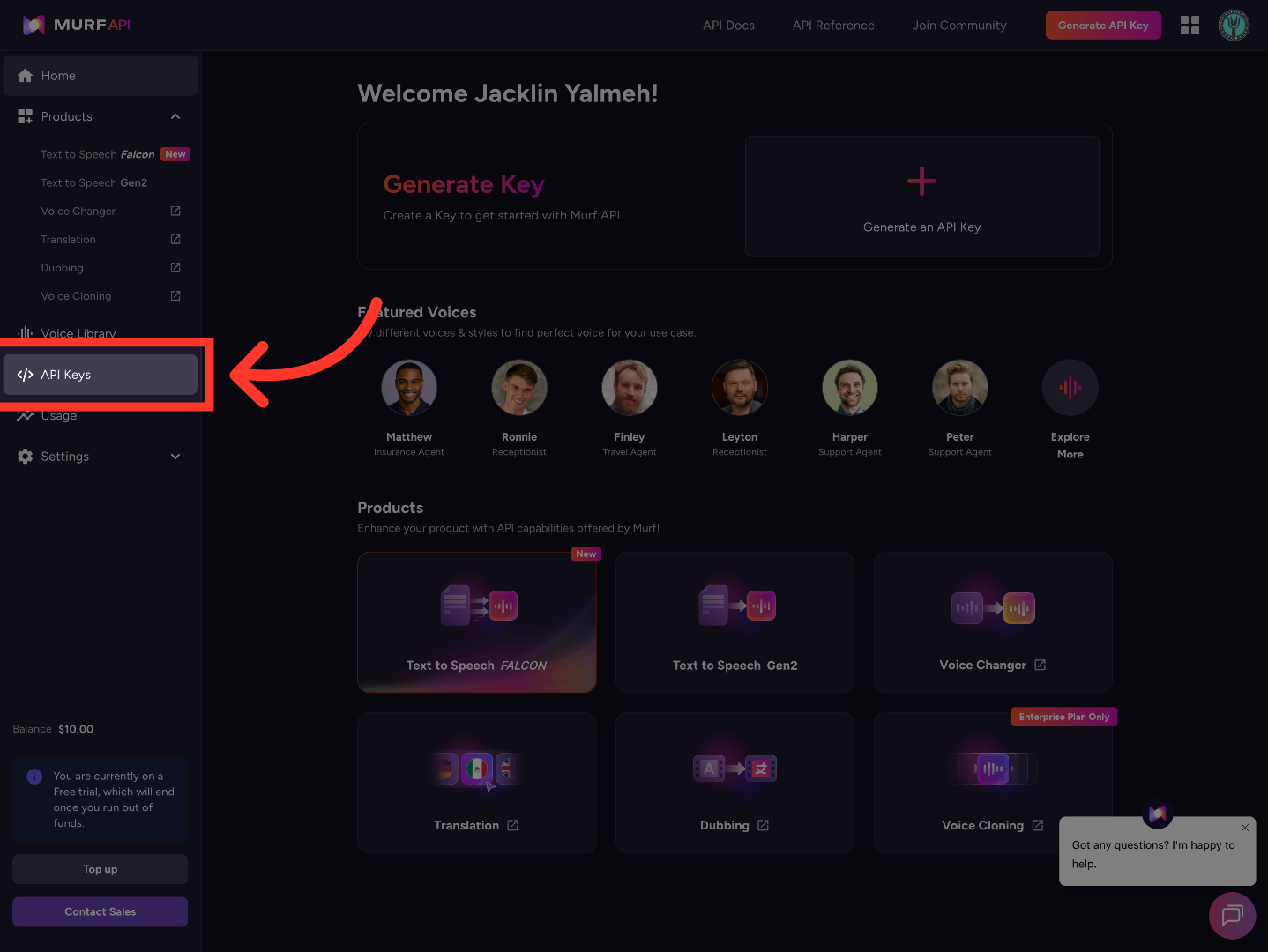 Open Murf API Keys