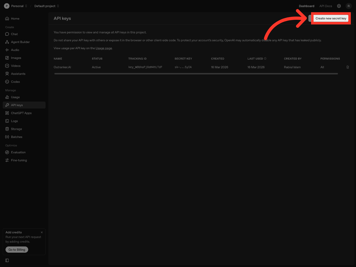Create New Secret Key