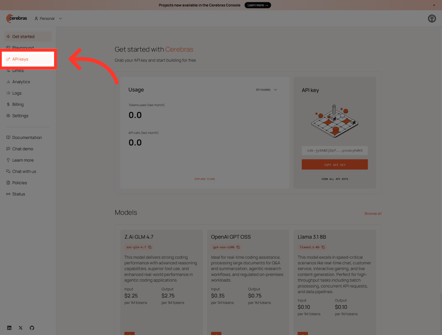 Access API Keys Section
