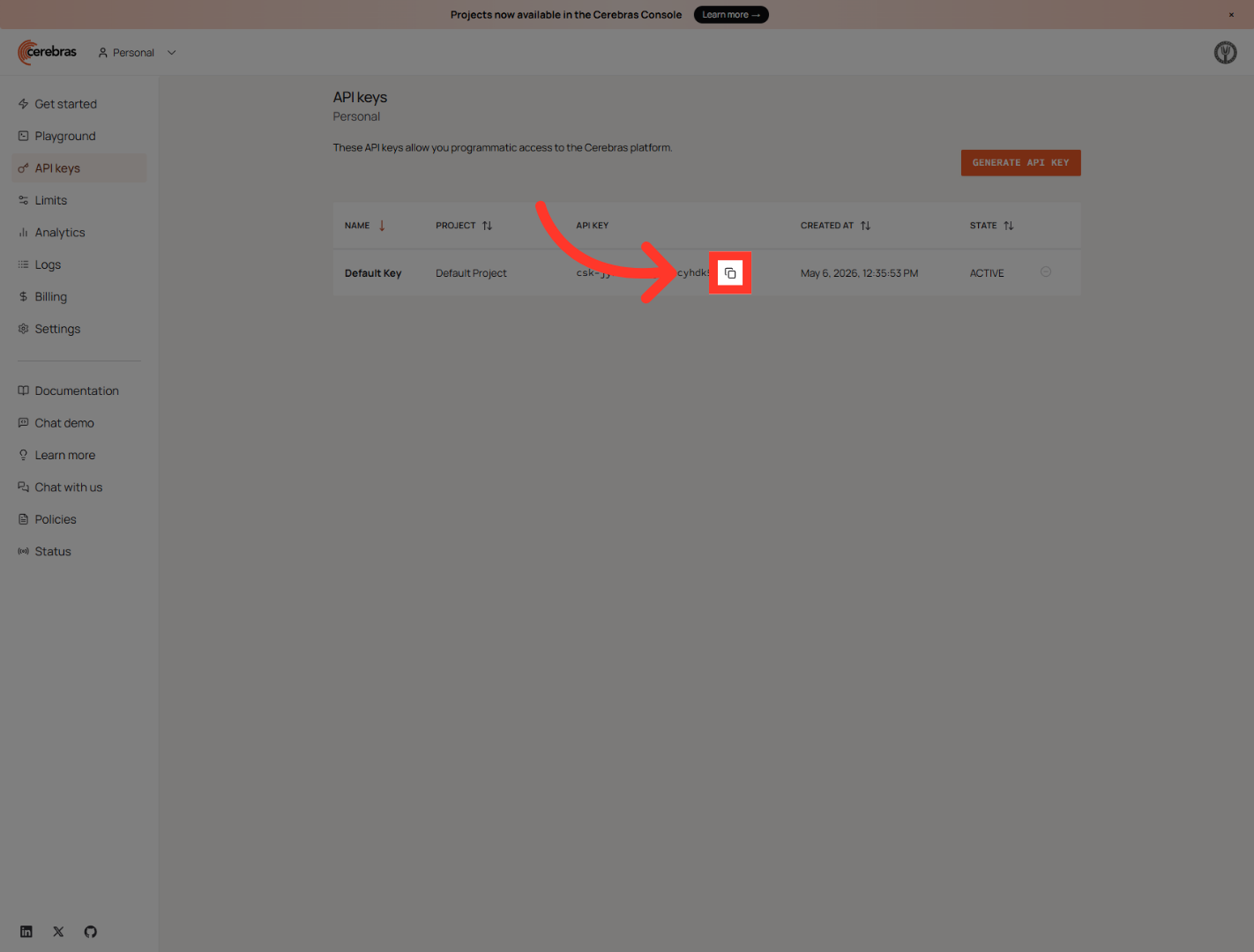 Navigate API Keys Interface