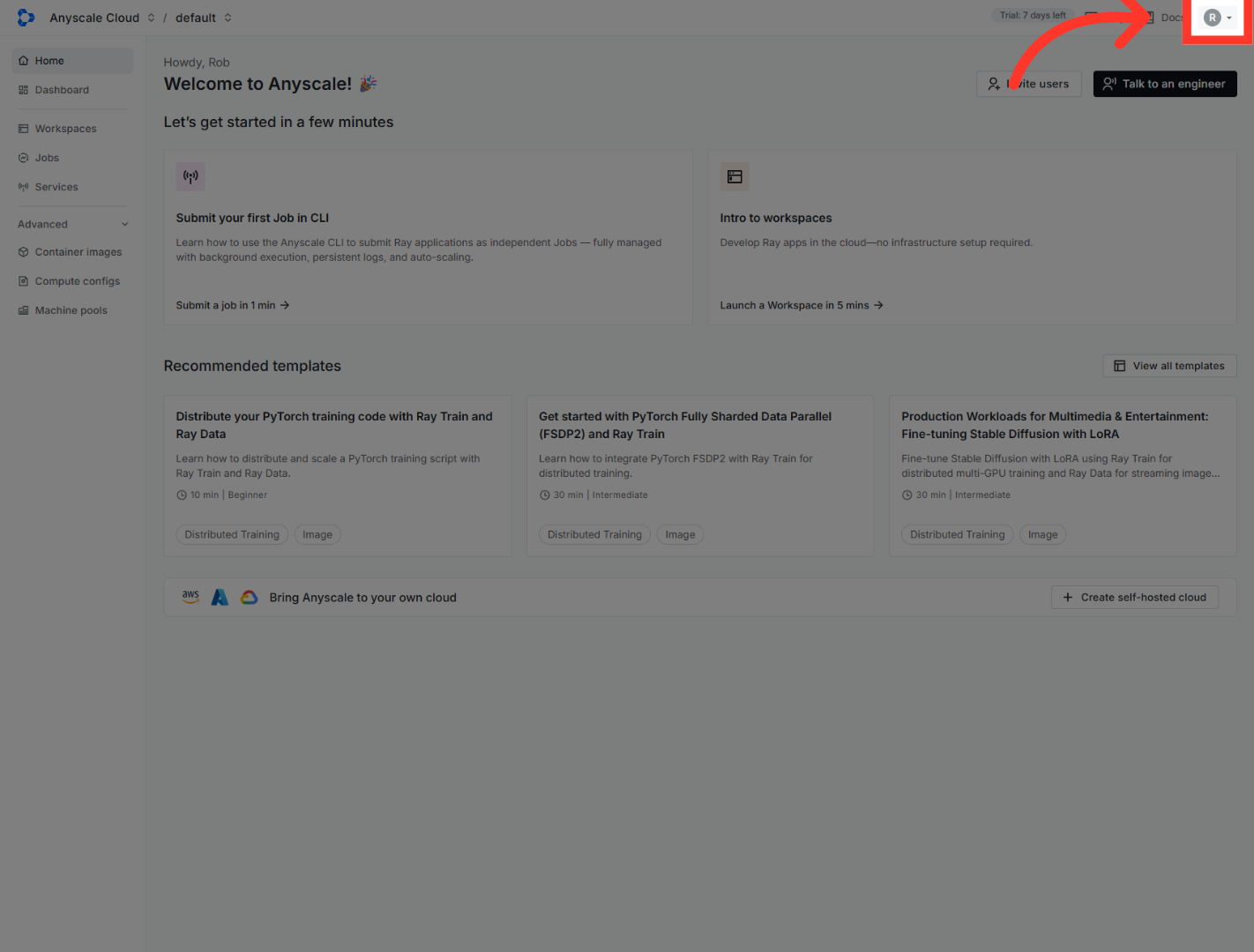 Access Anyscale Main Menu