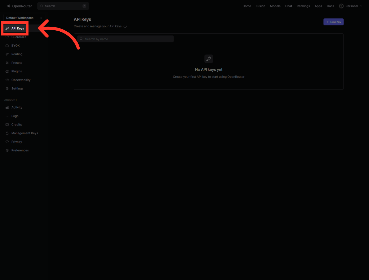 Open API Keys Section