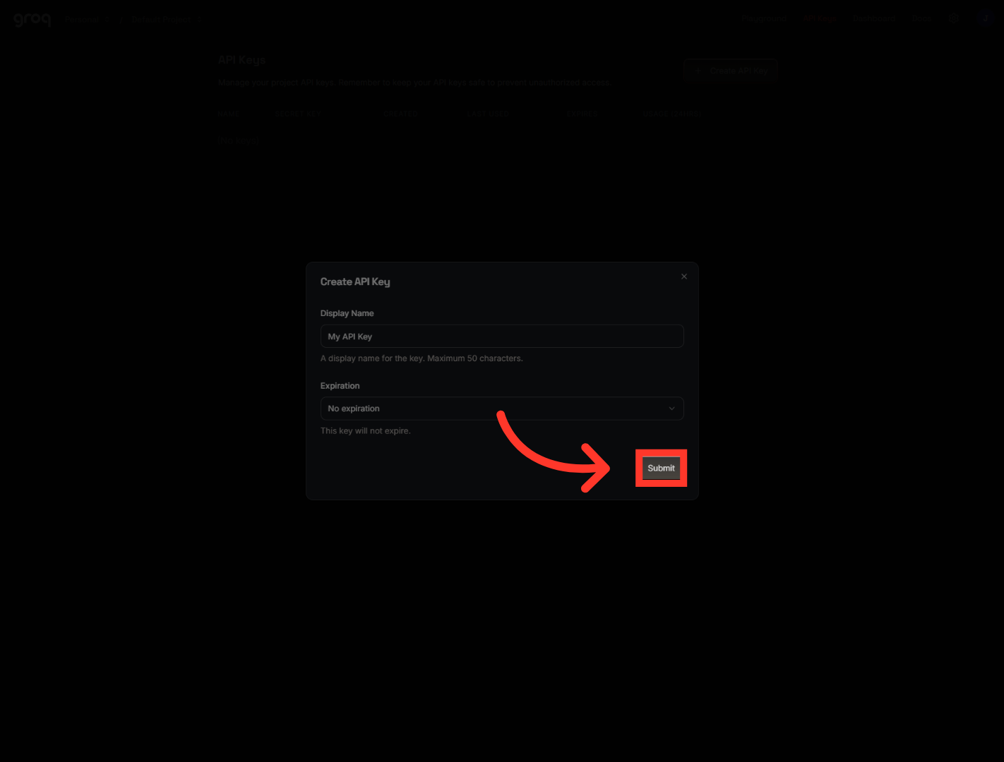 Submit API Key Creation