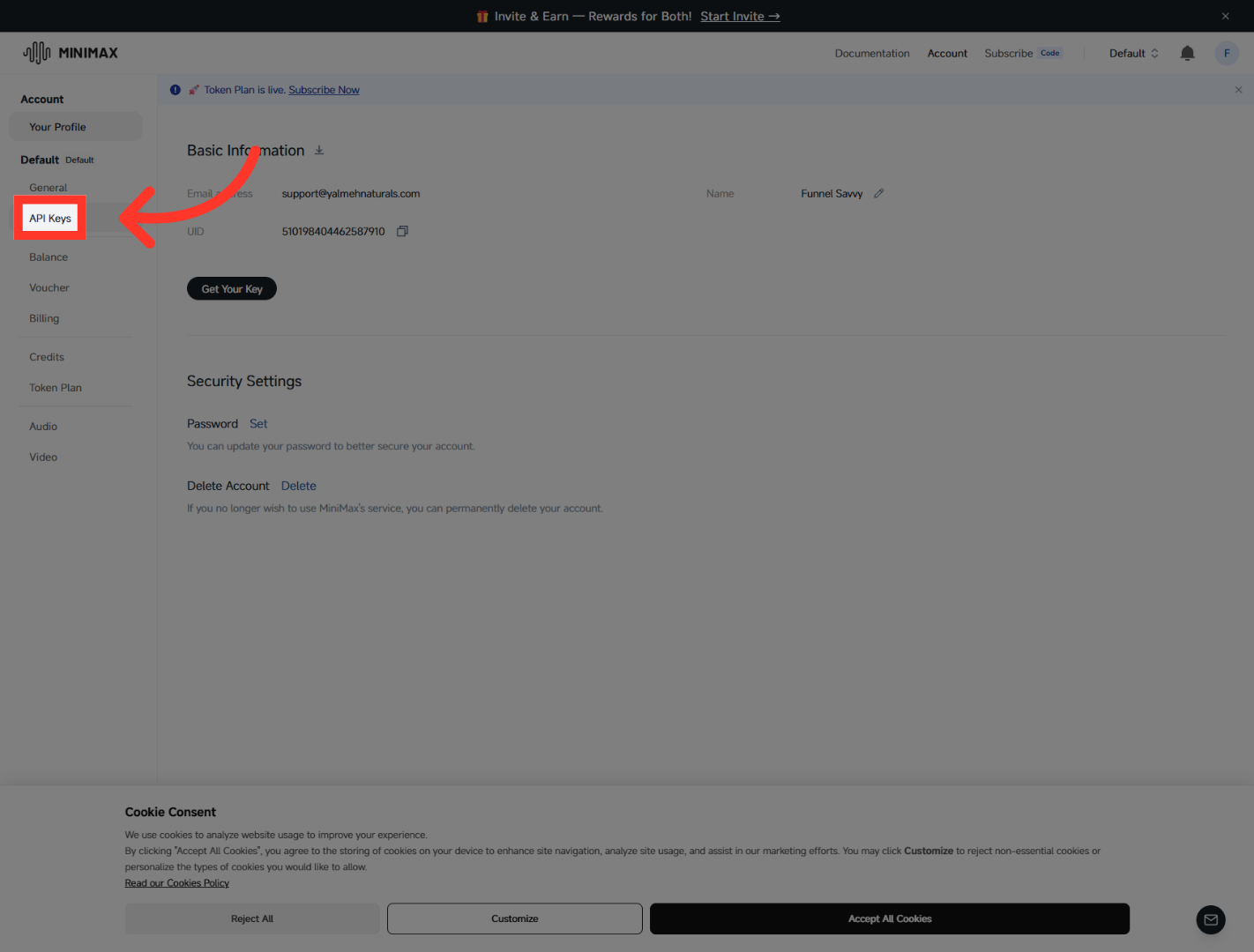 Open API Keys Settings