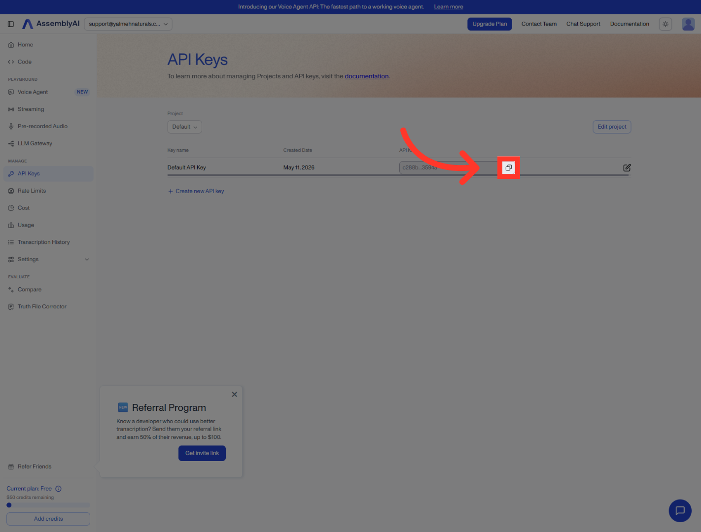 Open New API Key Creation