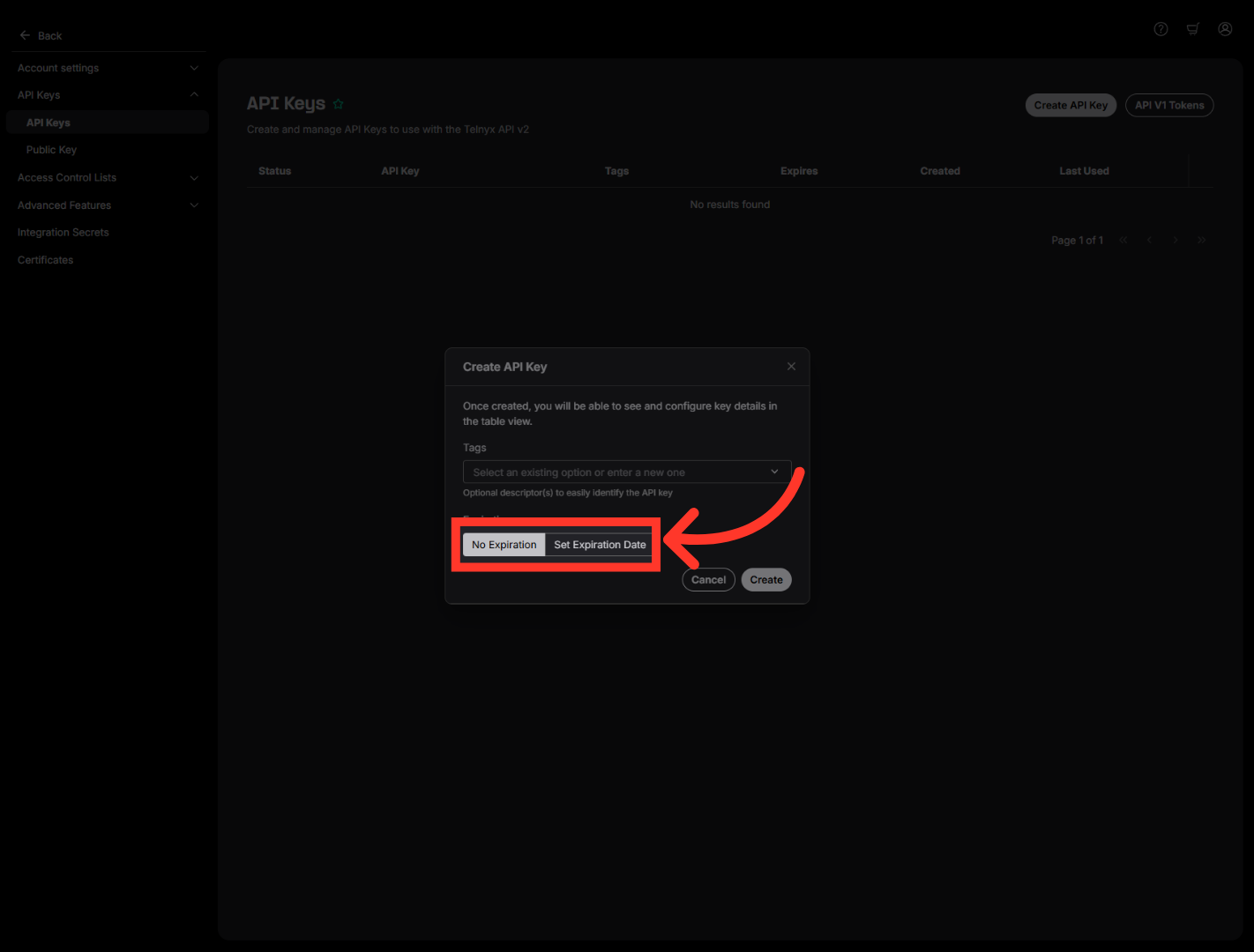 Choose No Expiration Option