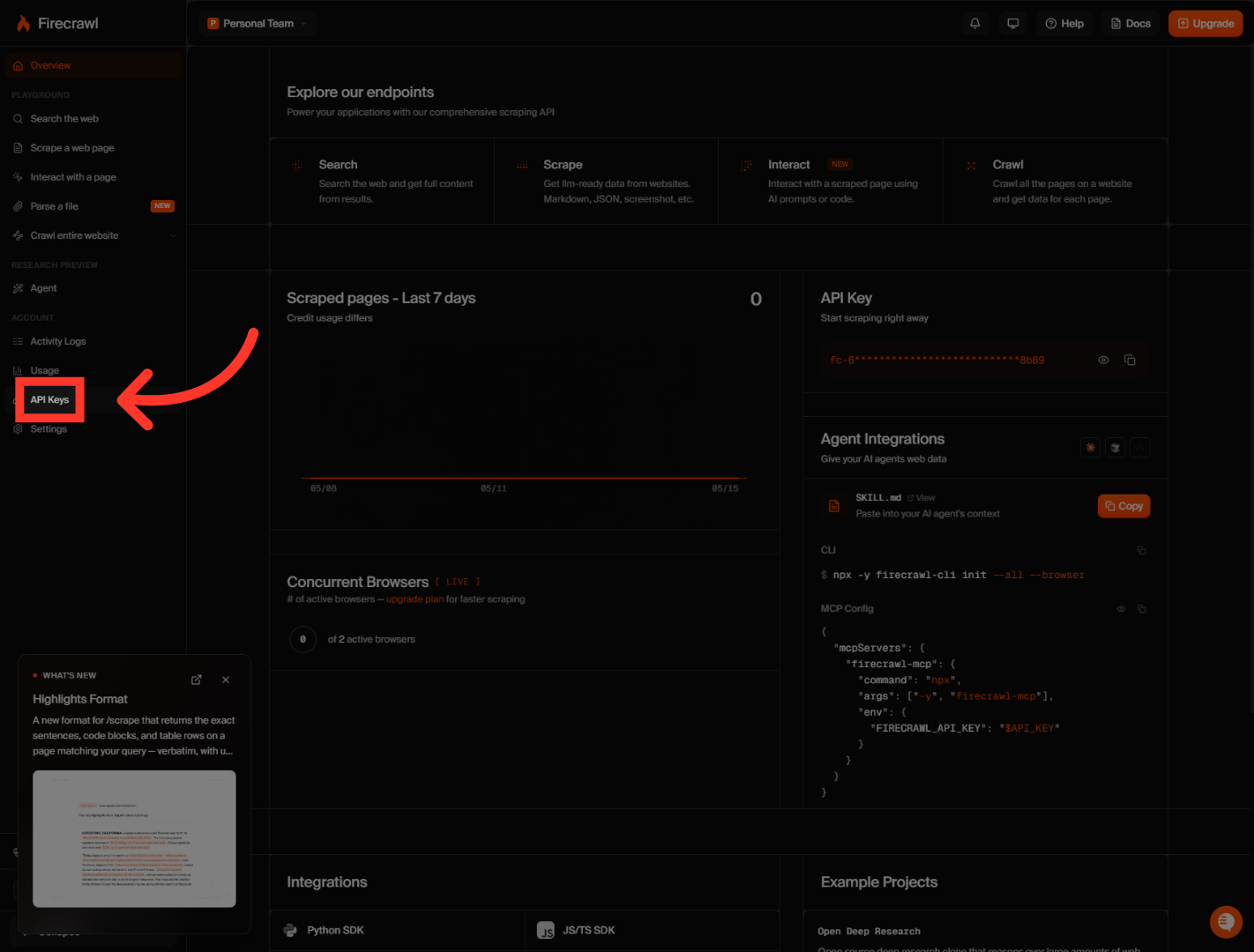 Access API Keys Section