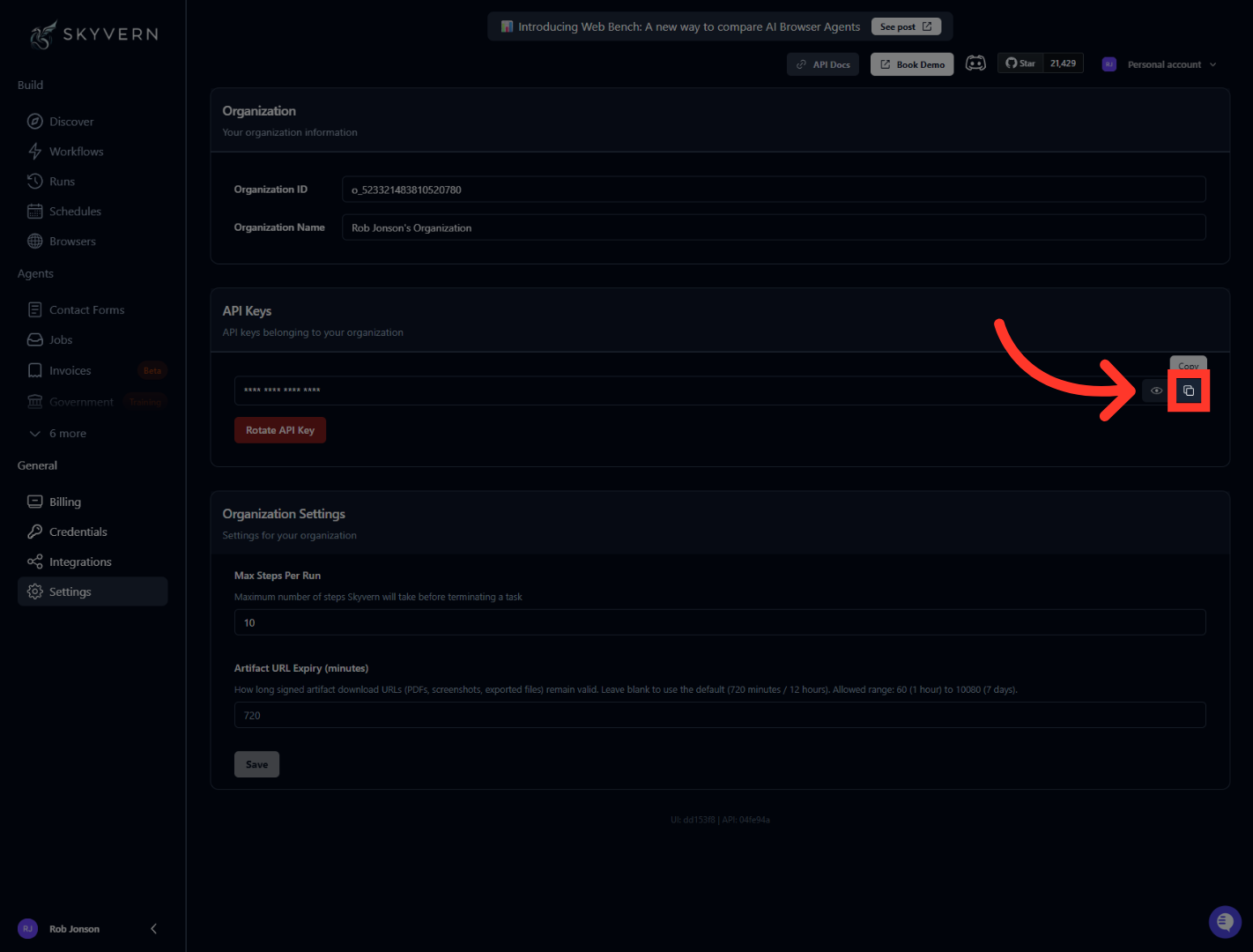 Access API Keys Section