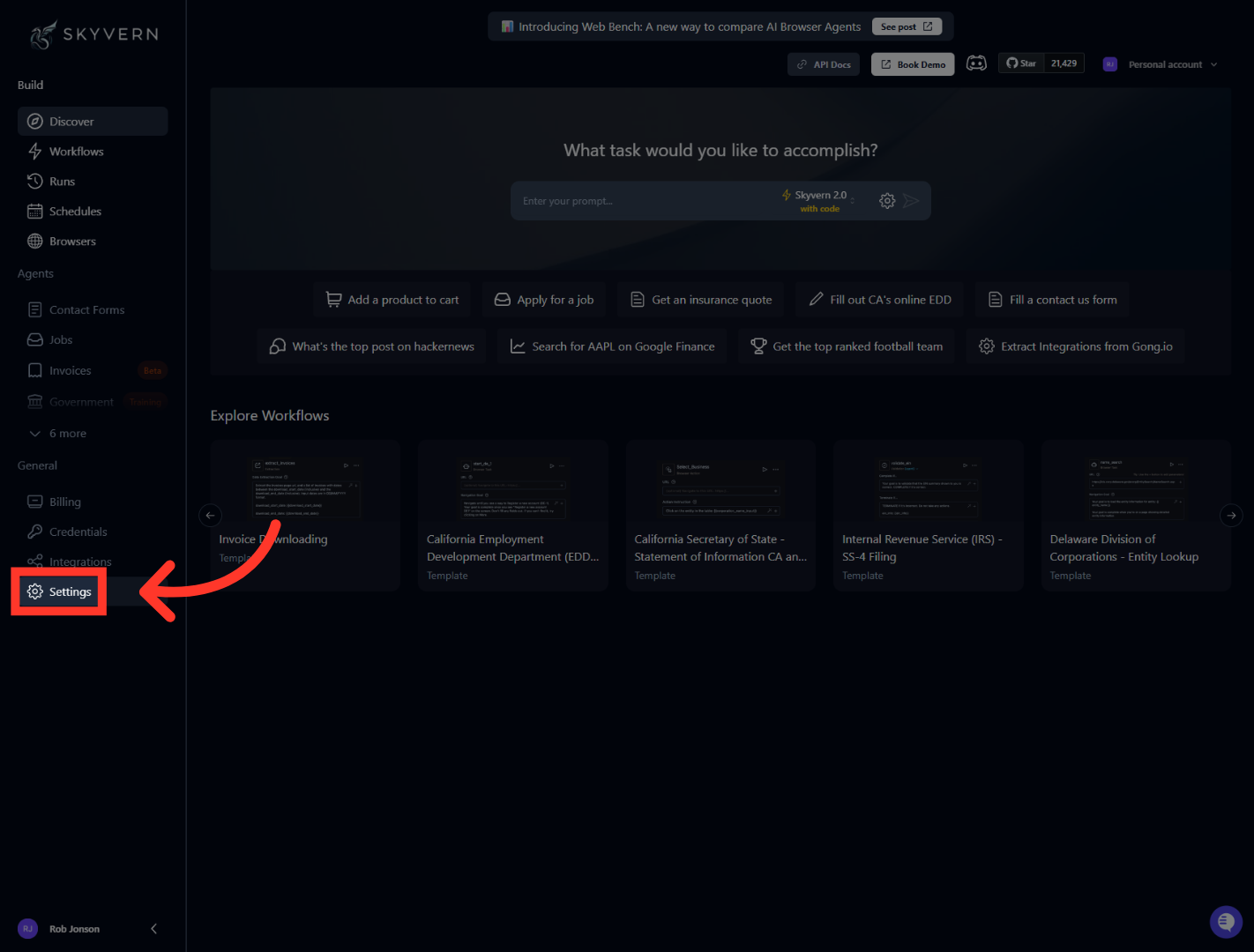 Open Skyvern Settings