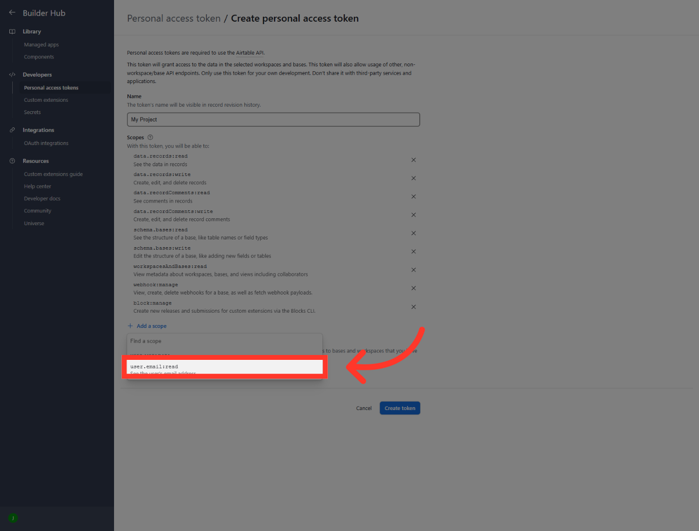 Select Read User Email Scope