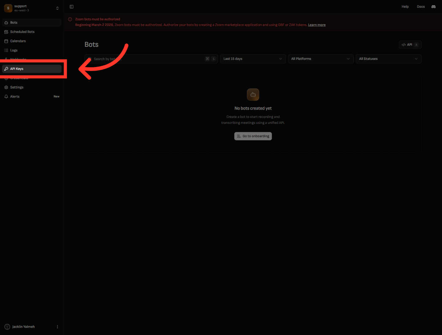 Access API Keys Section