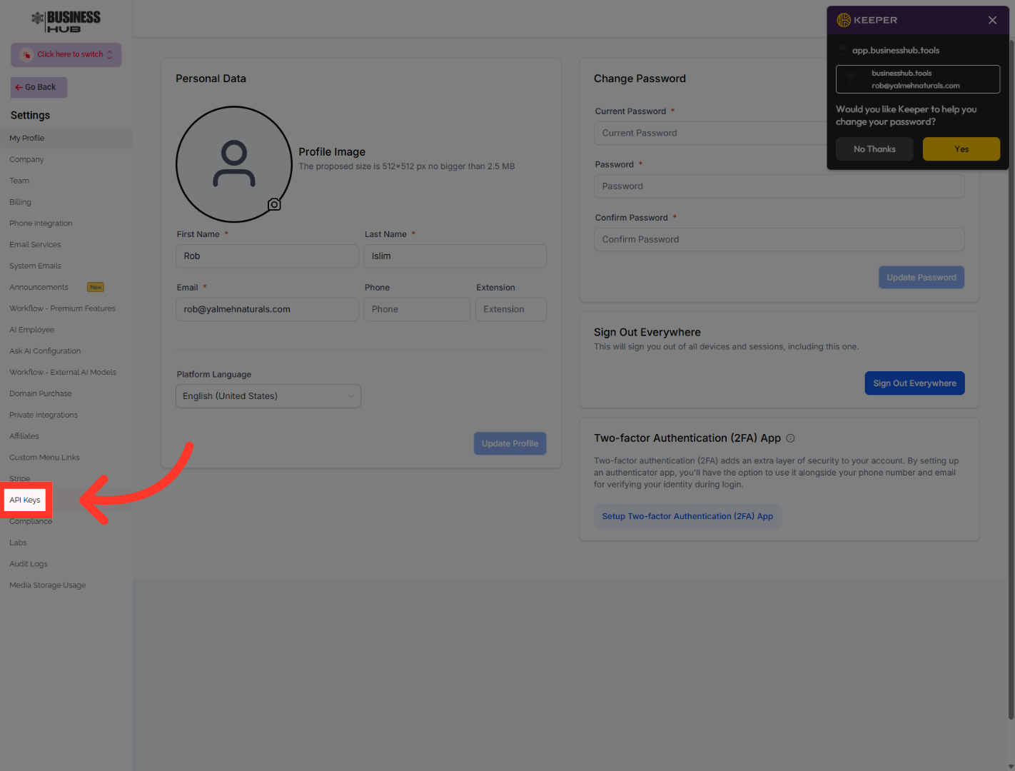 Open API Keys Section