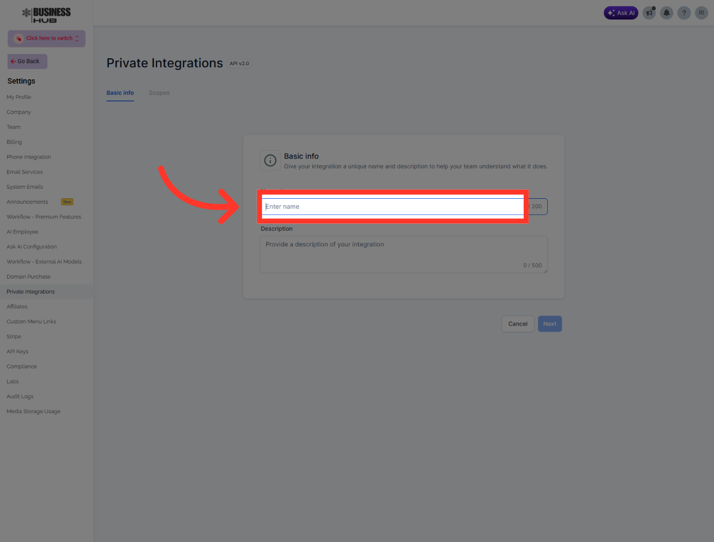 Select Integration Name Field