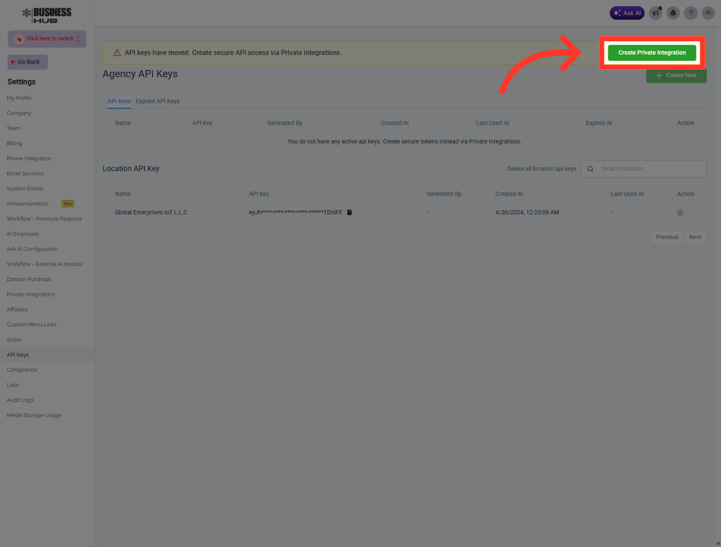 Initiate Private Integration Creation