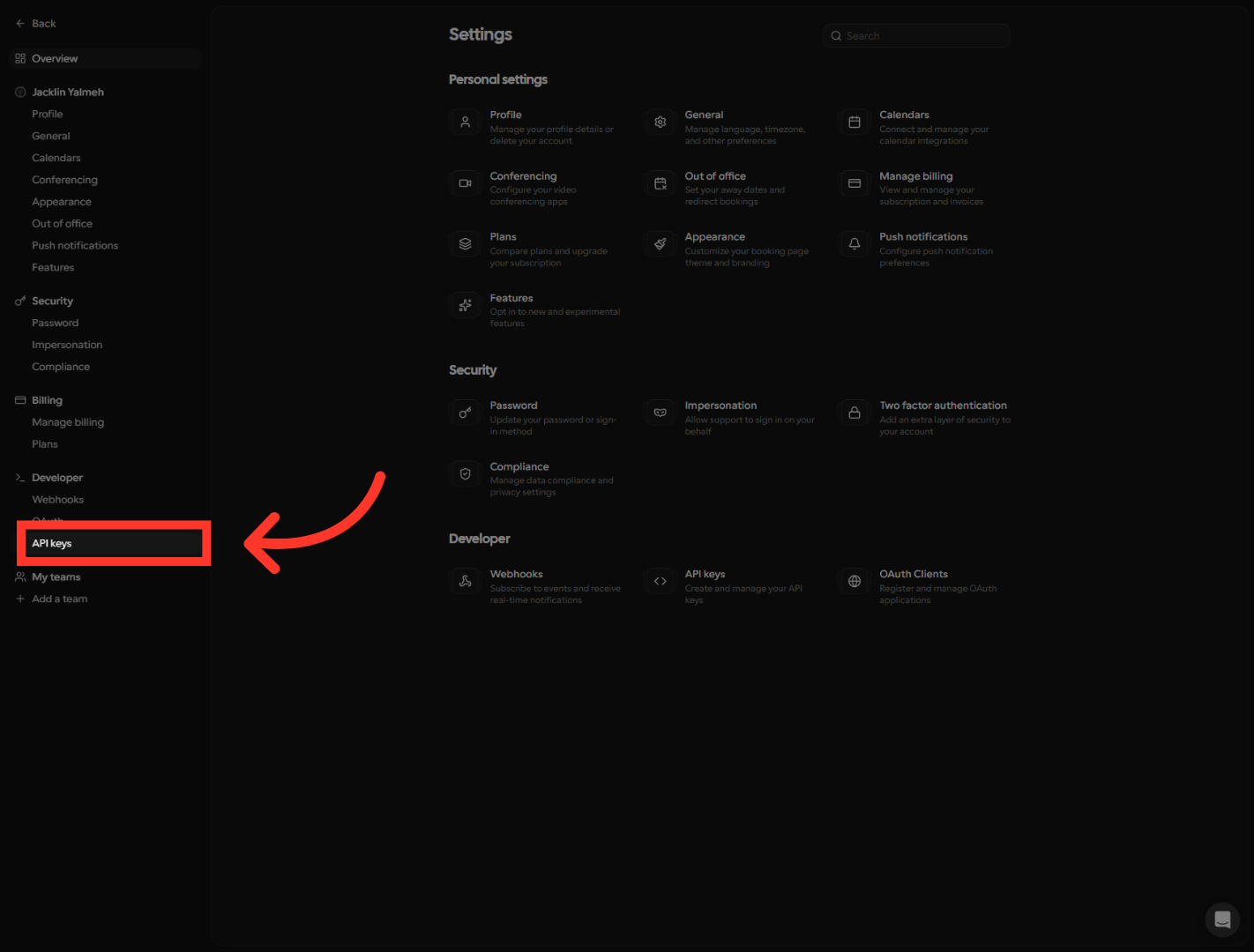 Open API Keys Section
