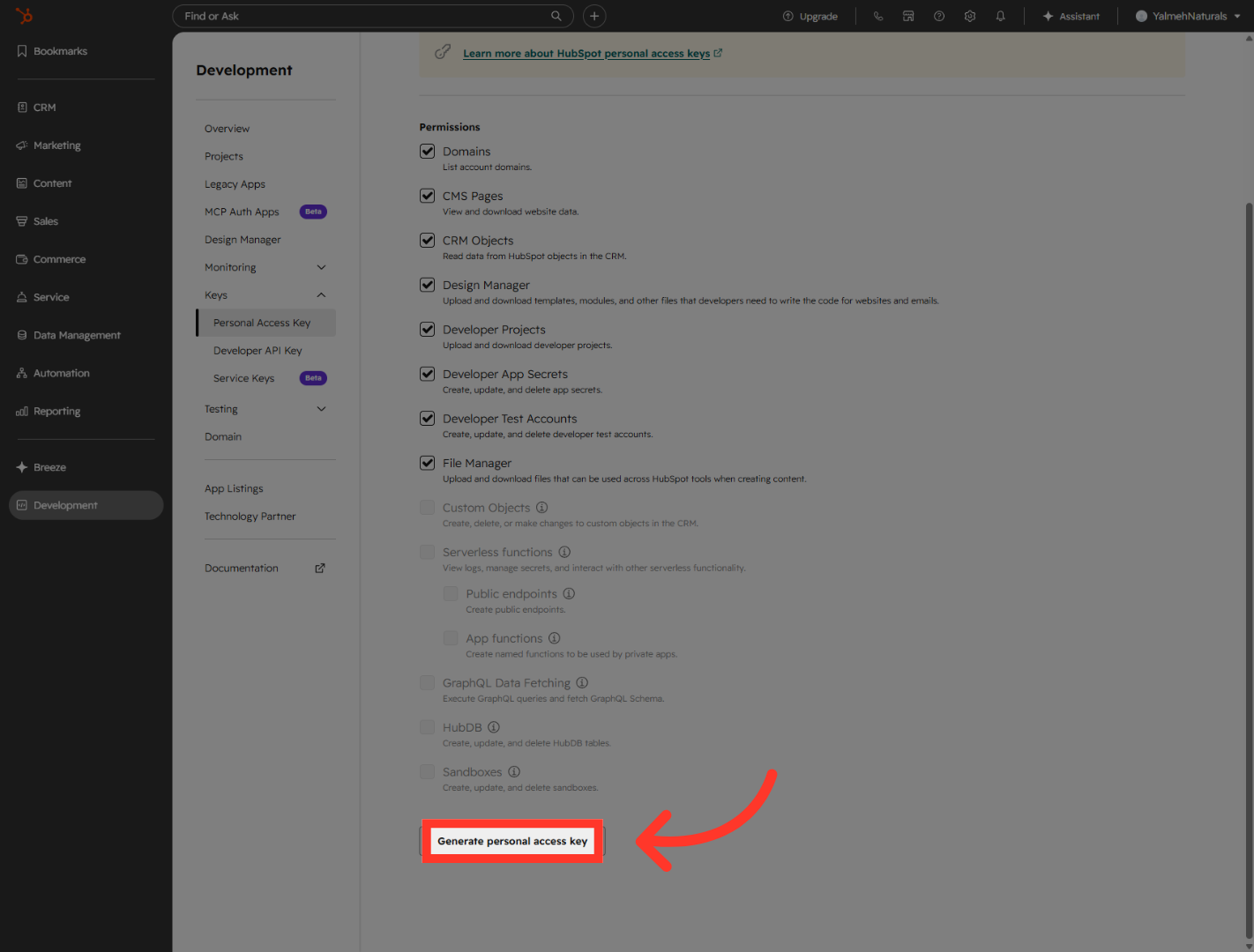 Generate Personal Access Key