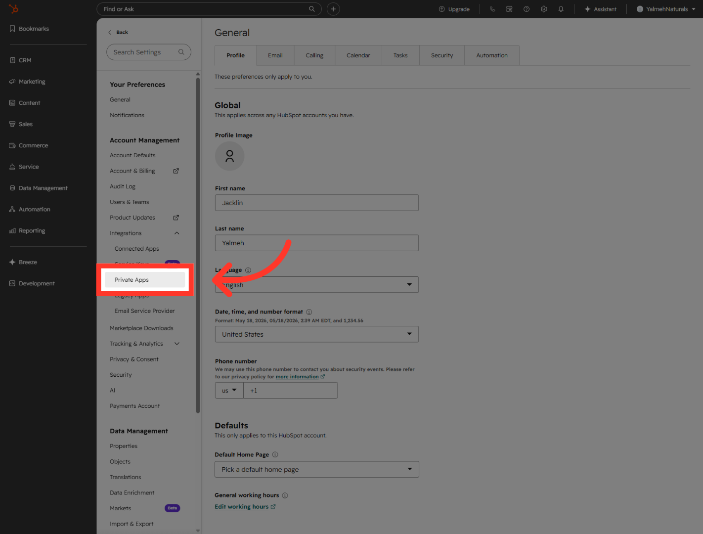 Select Private Apps Section