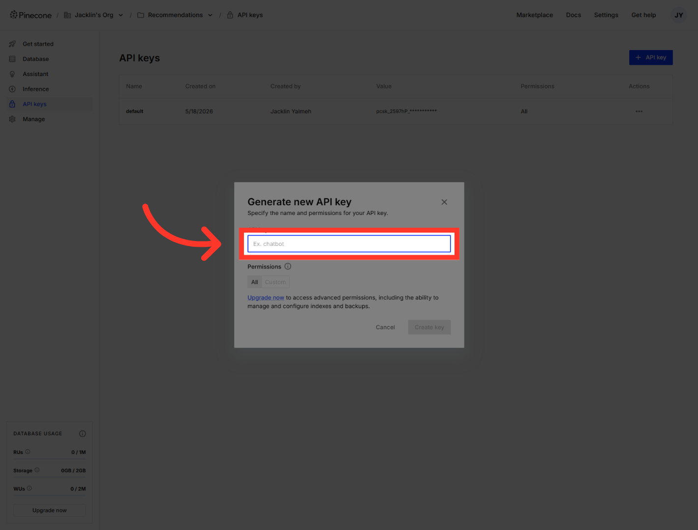 Choose API Key Name Field