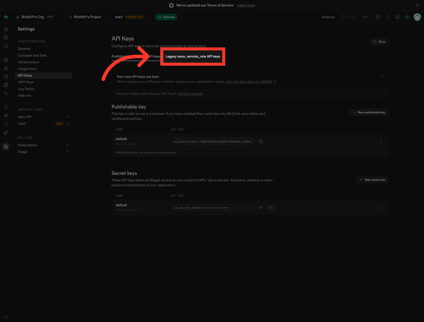 Open Legacy API Keys