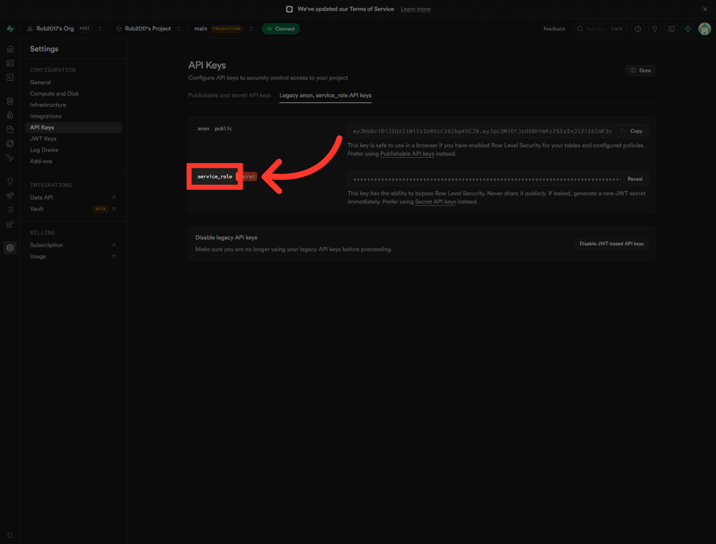 Select Service Role Key