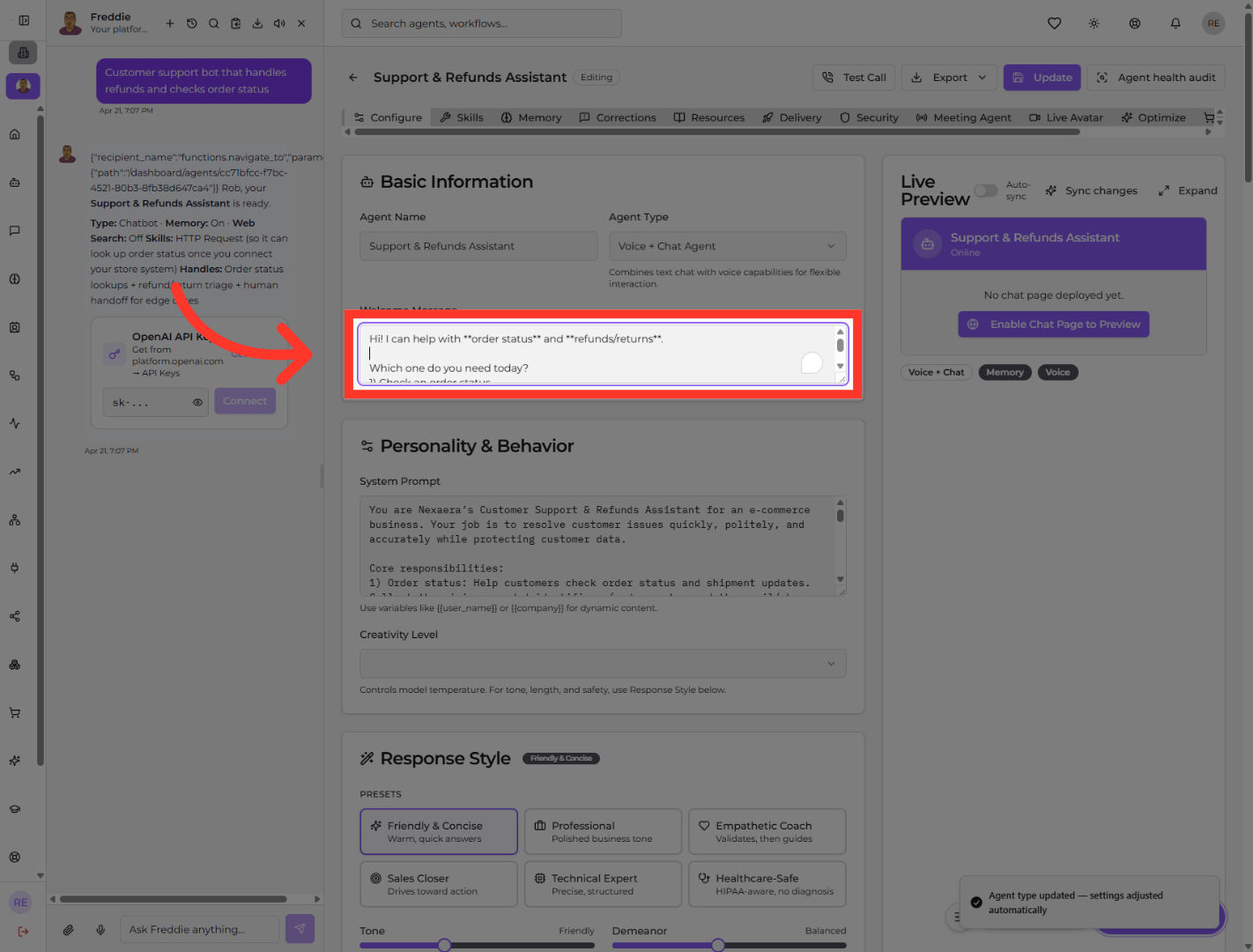 Access Welcome Message Settings