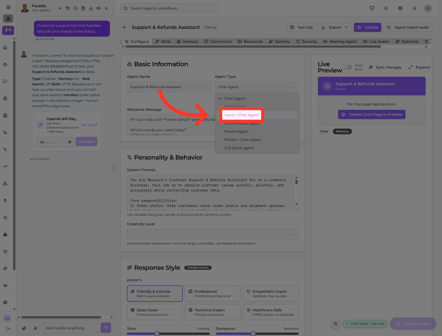 Choose Voice and Chat Agent
