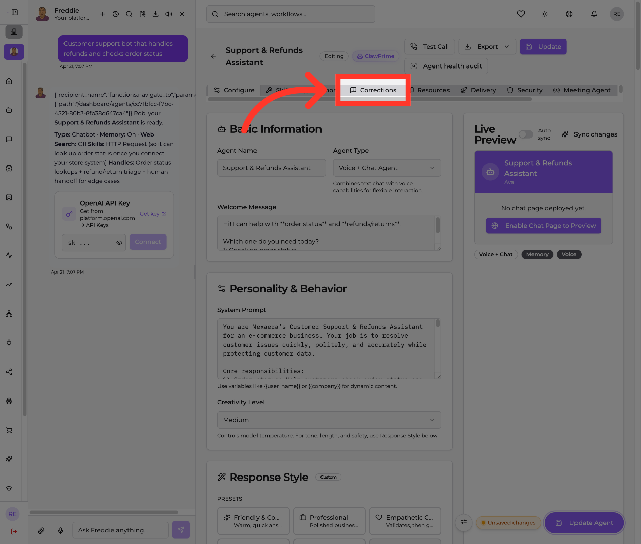 Navigate to Corrections Tab