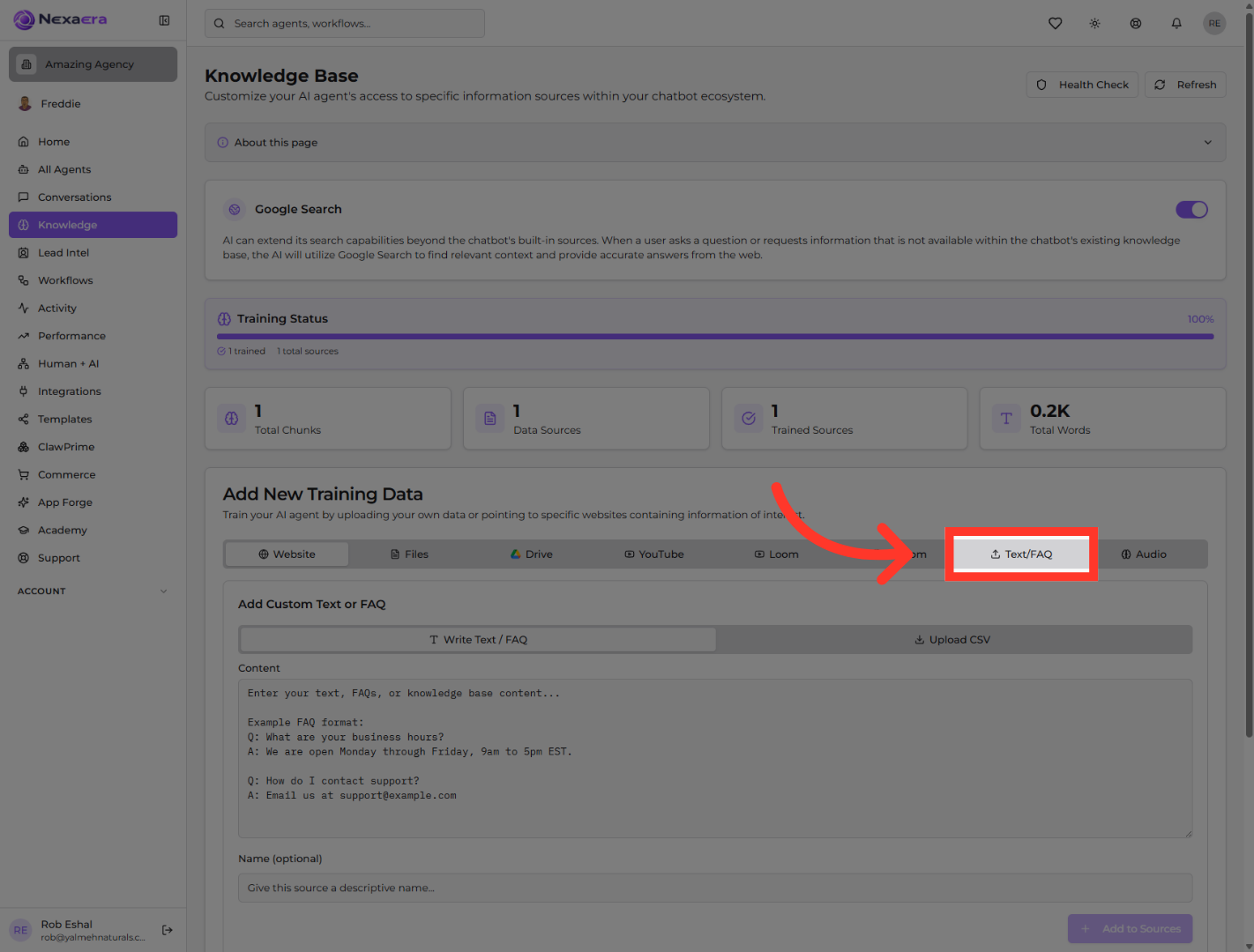 Open Text/FAQ Tab