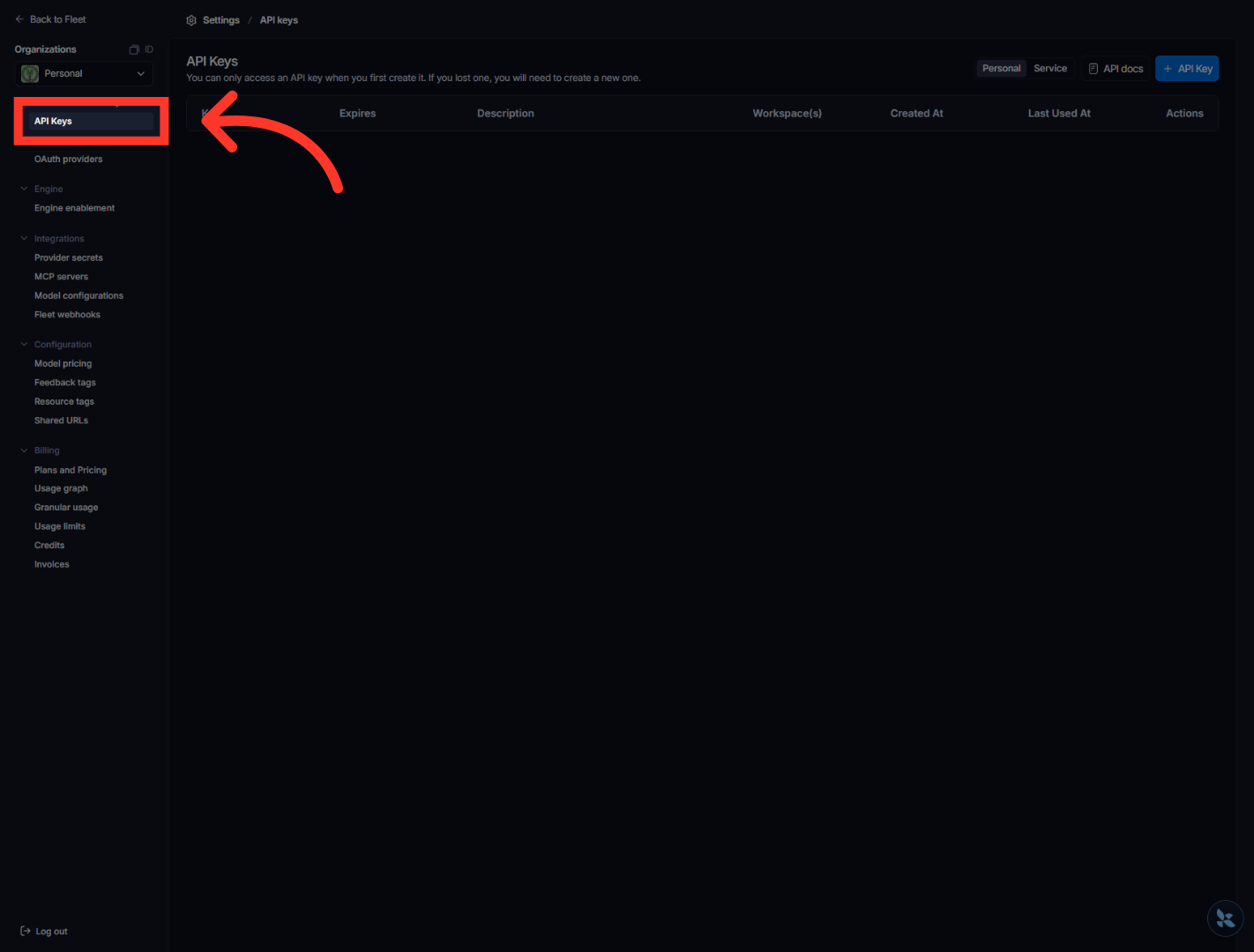 Open API Keys Section