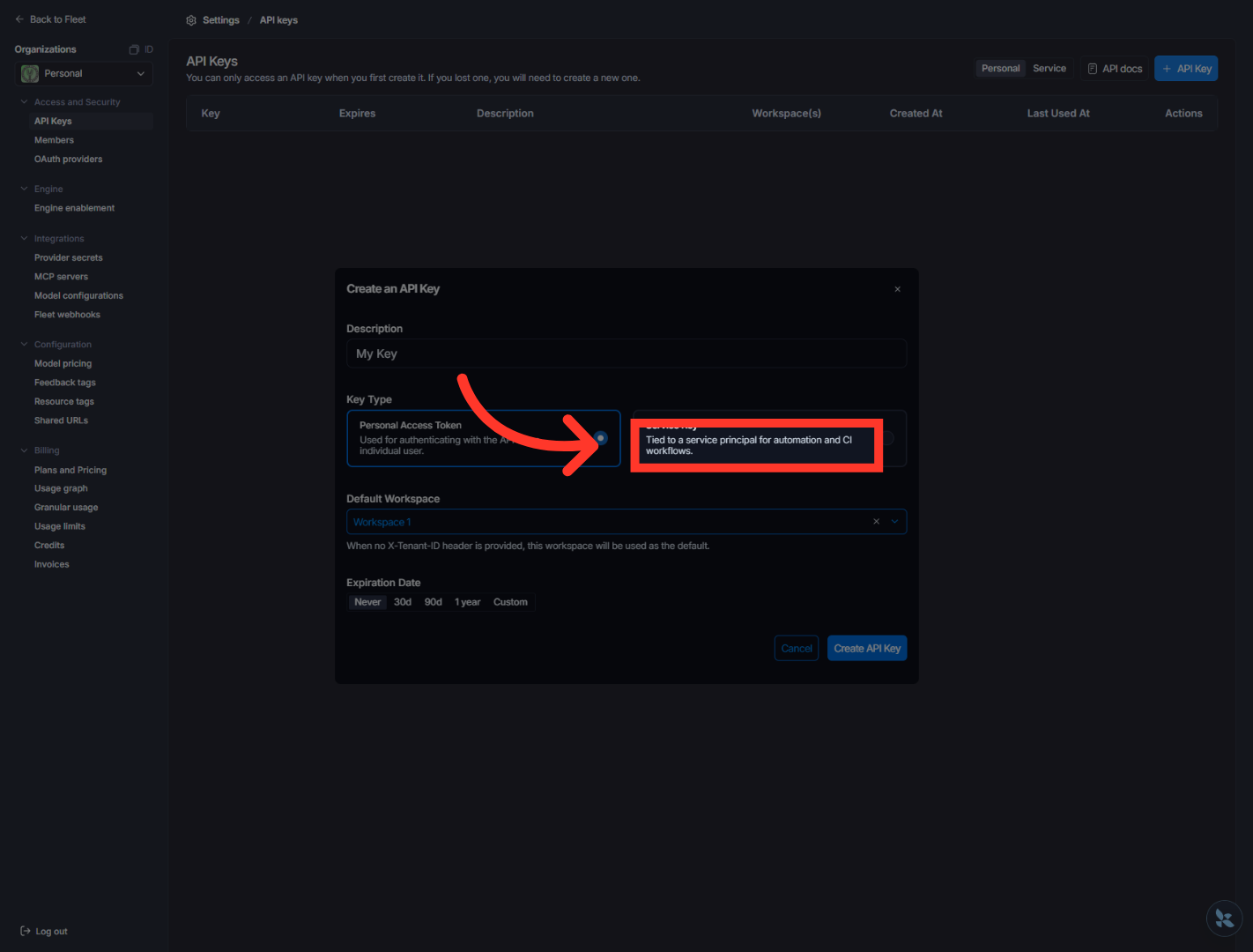 Link Key To Service Principal